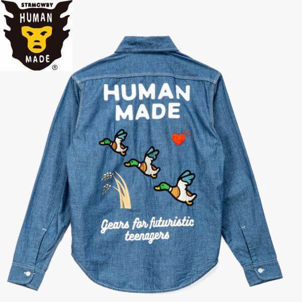 21SS ヒューマンメイド シャツ 偽物★シャンブレーバックロゴプリントシャツ ブルー 21073013