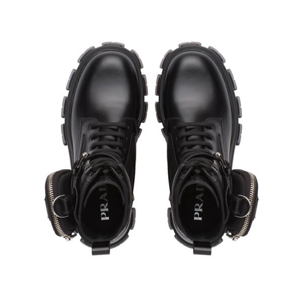 プラダ コンバットブーツ コピー ロゴ ブラッシュドレザー & ナイロン 2UE007FD0023L09F0002