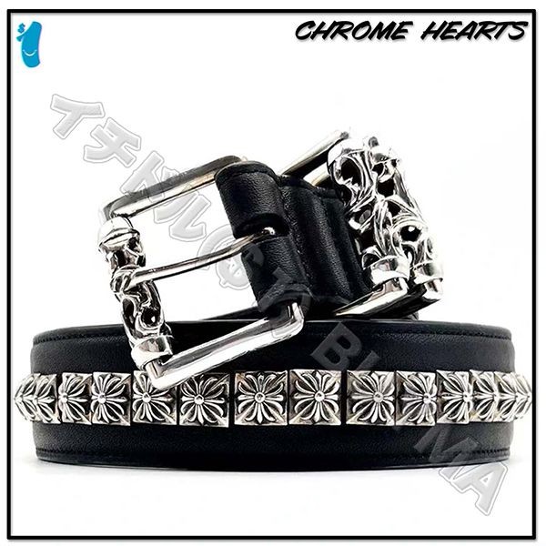 ＜最新で絶対欲しい>クロムハーツ コピープラススタッド レザー ベルト シルバー PLUS BELT
