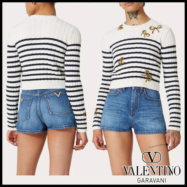 ヴァレンティノ 偽物 リボン クロップド ボーダー ニット セーター BKC47D847_7CL