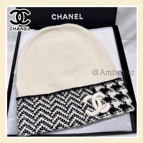【関税・送料込】シャネル CCマーク_ニット帽 コピー_カシミヤ_千鳥柄がカワイイ♪