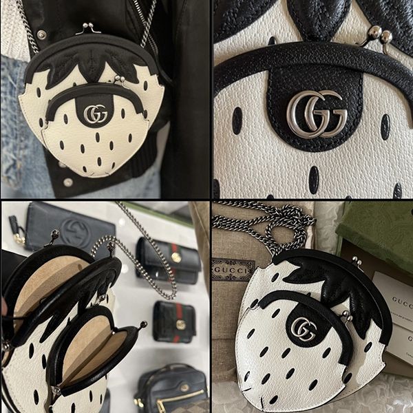 【グッチ】ガマ口ポシェット 偽物 STRAWBERRYイチゴ ブラック×ホワイト 719725