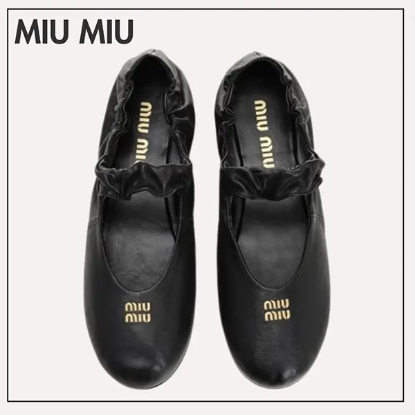 大人気!!新色ミュウミュウ 偽物◆ロゴ ルーシュ ナッパレザー バレリーナ 5F340E_EFX_F0002