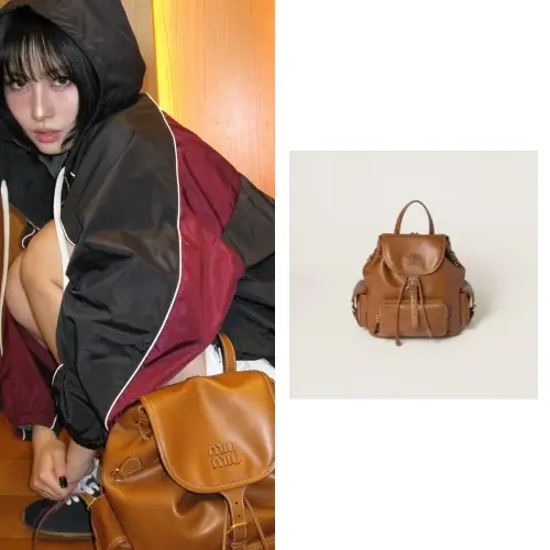 IVE /ウォニョン おすすめ ミュウミュウ ロゴ入りレザーバックパックリュック 2色 5BZ042