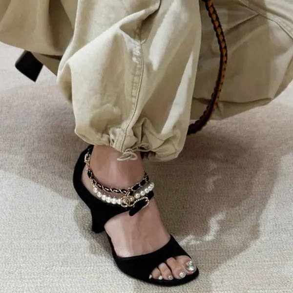 シャネル パール×チェーン ストラップサンダル ヒール G46658