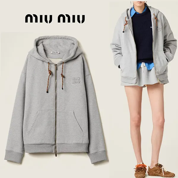 ミュウミュウ Cotton Fleece Hoodie フード付きジップアップ MJL063