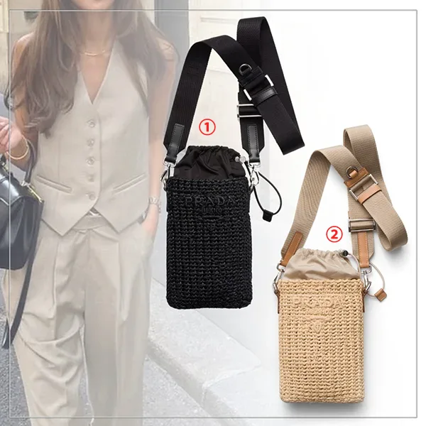 プラダ◆ラフィア風クロッシェ スマホショルダー ロゴ pd25913