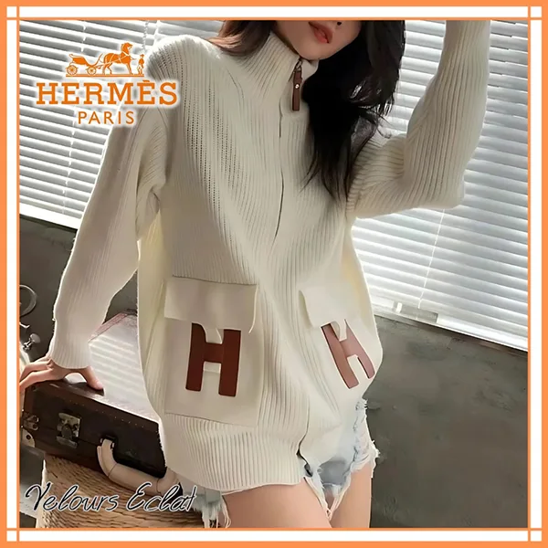 【エルメス】Hレザーディテール ニットブルゾン H2H2204DA9138